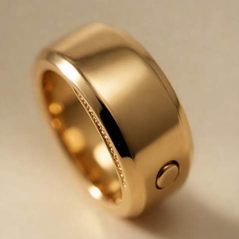 Vista macro de una superficie de anillo chapado en oro lisa y lustrosa
