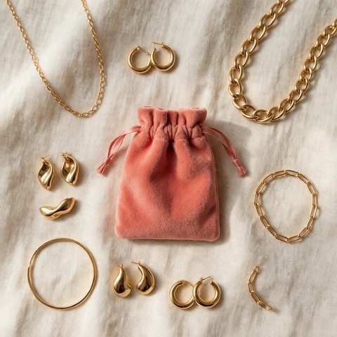 Joyería chapada en oro a plano con una bolsa de terciopelo coral para almacenamiento