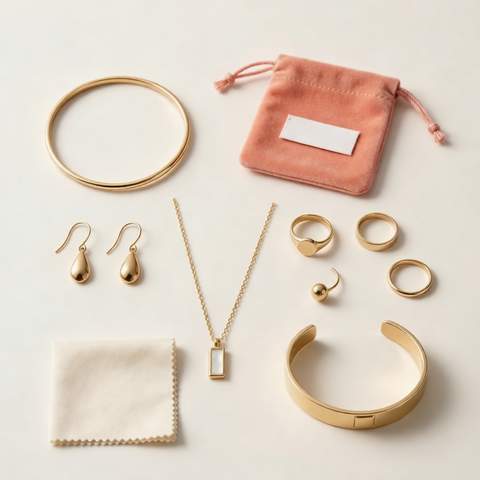 Gold plated jewelry flat lay with a coral velvet pouch for storage