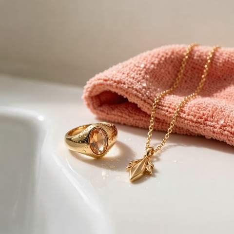 Gold plated ring and necklace beside a sink with water droplets
