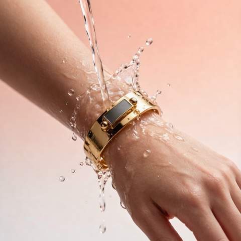 Gold plated bracelet with water splashes on the wrist