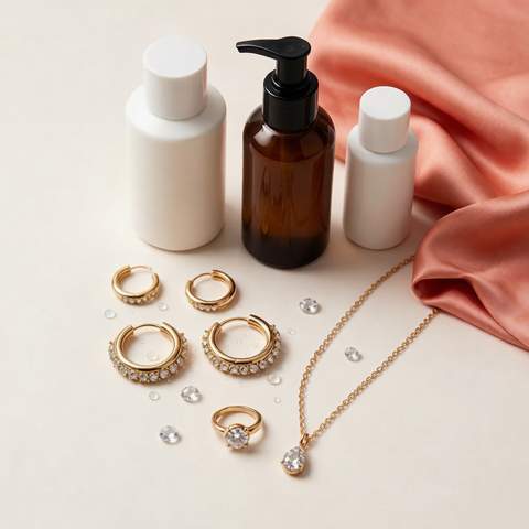 Gold plated jewelry arranged with skincare and shampoo bottles