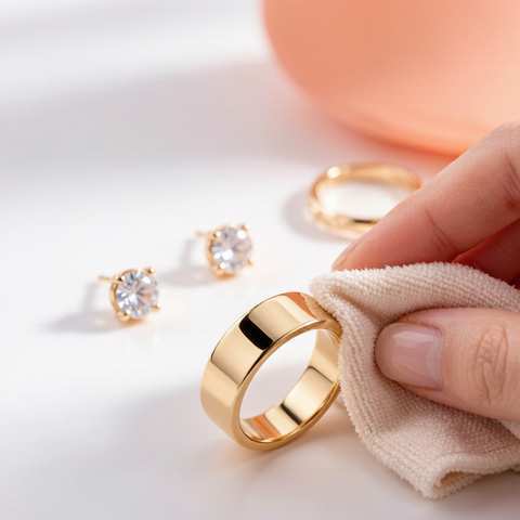 Anillo y aretes chapados en oro limpiados con un paño suave