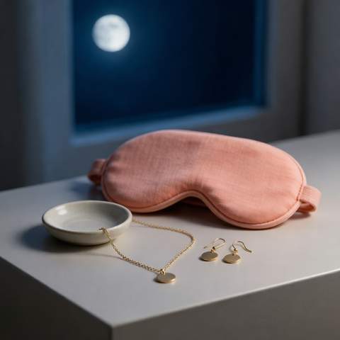 Collar y aretes chapados en oro sobre una mesita de noche con detalles coralinos de sueño