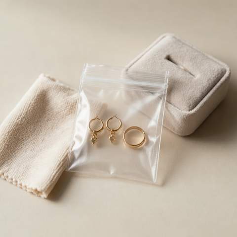 Joyas chapadas en oro guardadas en una bolsa OPP tras el ejercicio