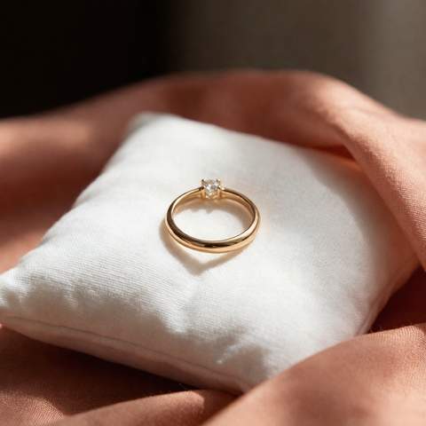 Gold plated ring resting on a pillow