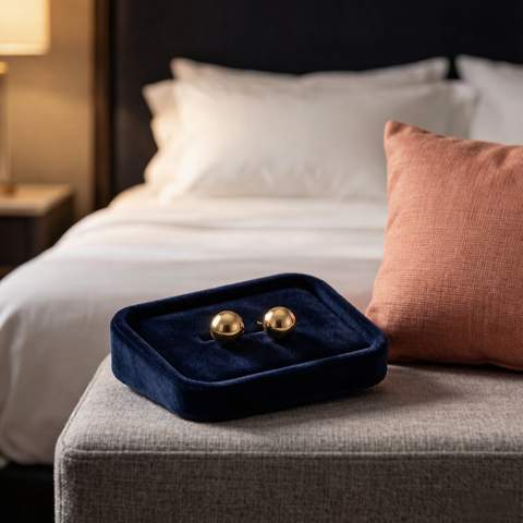 Gold plated earrings on a velvet jewelry tray