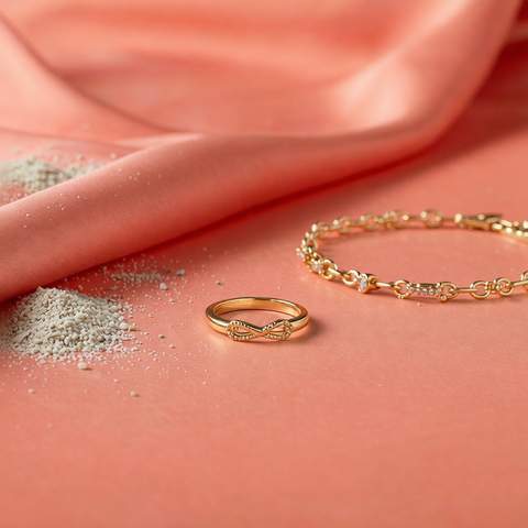 18K gold plated ring and bracelet on a coral-pink surface