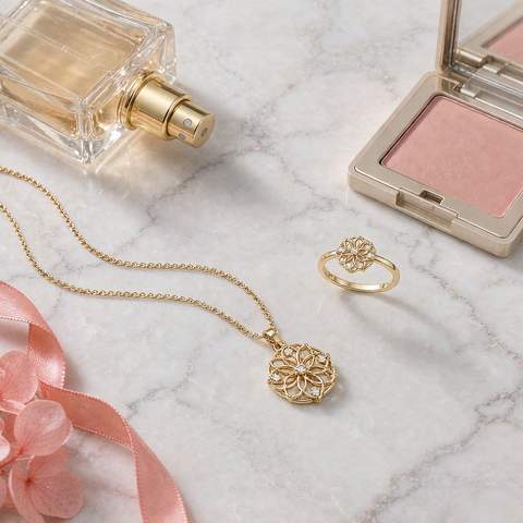 Gold plated necklace and ring with a perfume bottle and an open compact on a marble surface, coral hydrangea accent