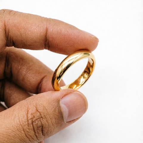 Hand holding a polished gold plated ring