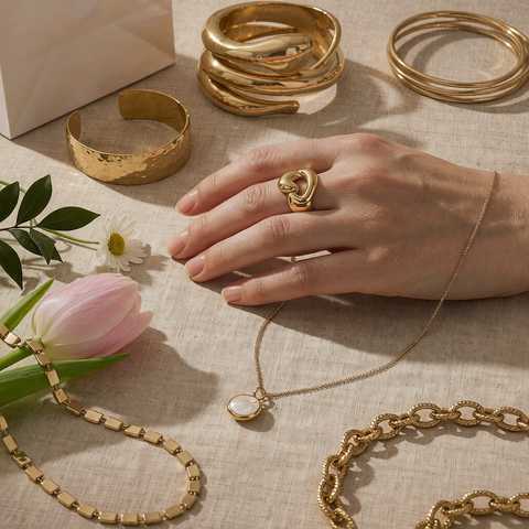 Lifestyle flat-lay of gold plated jewelry worn on a hand