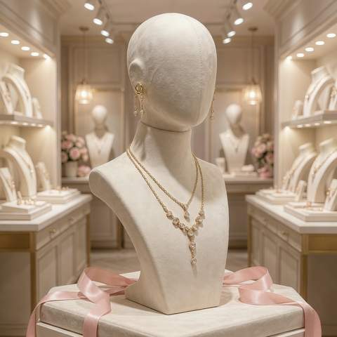 Gold plated jewelry displayed in an elegant boutique showroom