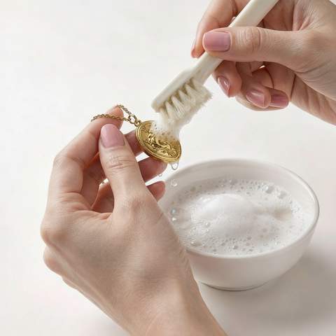 Gently cleaning a gold-plated pendant necklace