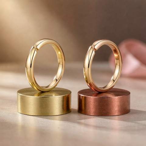 Side by side comparison of an 18K gold plated ring on a brass base and on a copper base