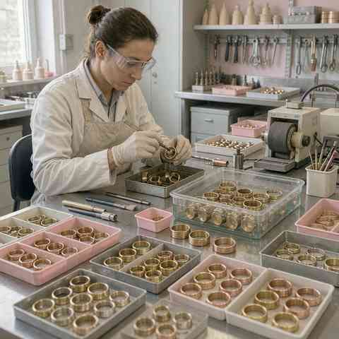 Jewelry workshop polishing and plating brass and copper ring blanks
