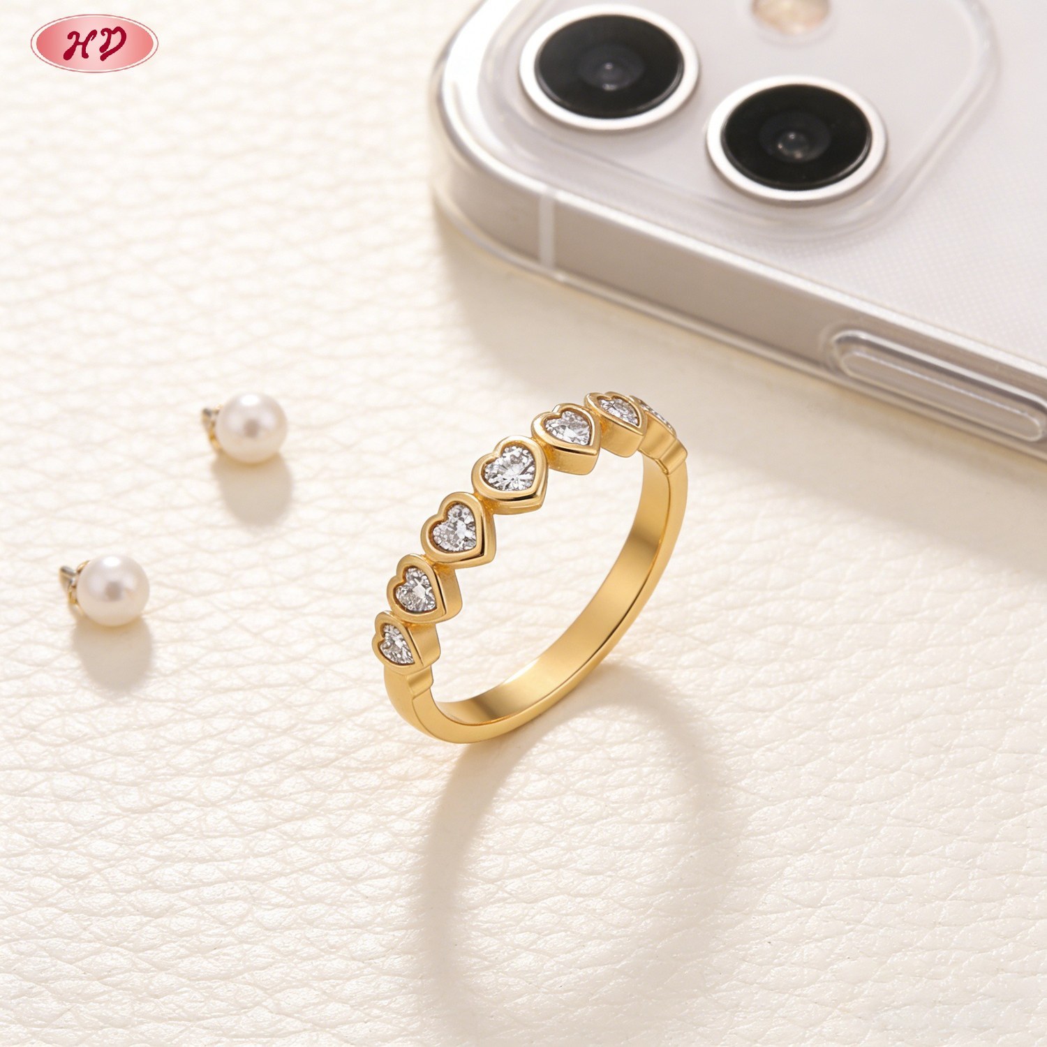 Gold plated brass cubic zirconia ring front view