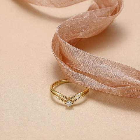 18K gold plated ring with cubic zirconia, blush pink ribbon accent