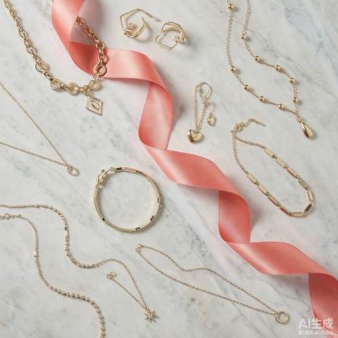 Gold plated fashion jewelry flat lay with necklace, earrings and bracelet