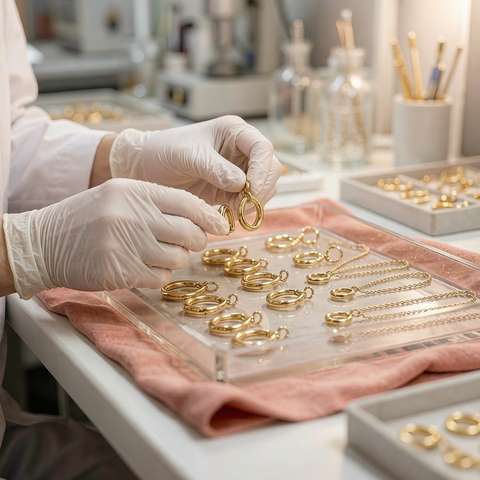 In-house QC inspection of 18K gold plated brass pieces