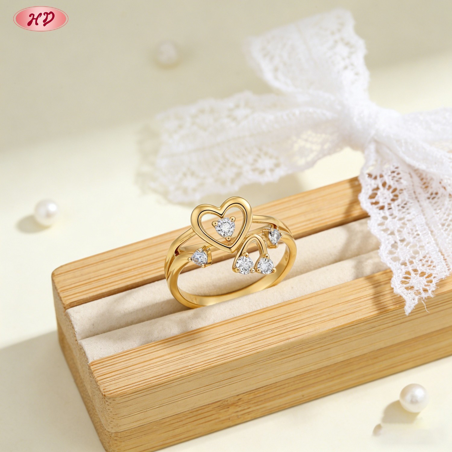 Bold 18K gold plated cubic zirconia ring on display