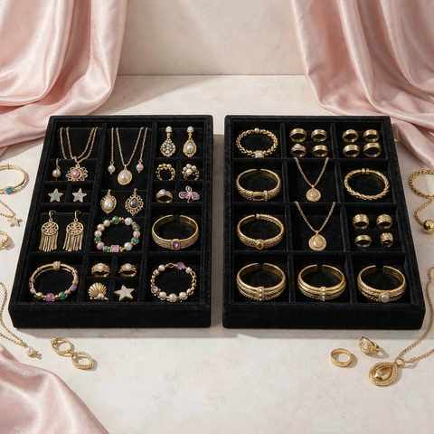 Gold-plated and solid gold jewelry trays side by side