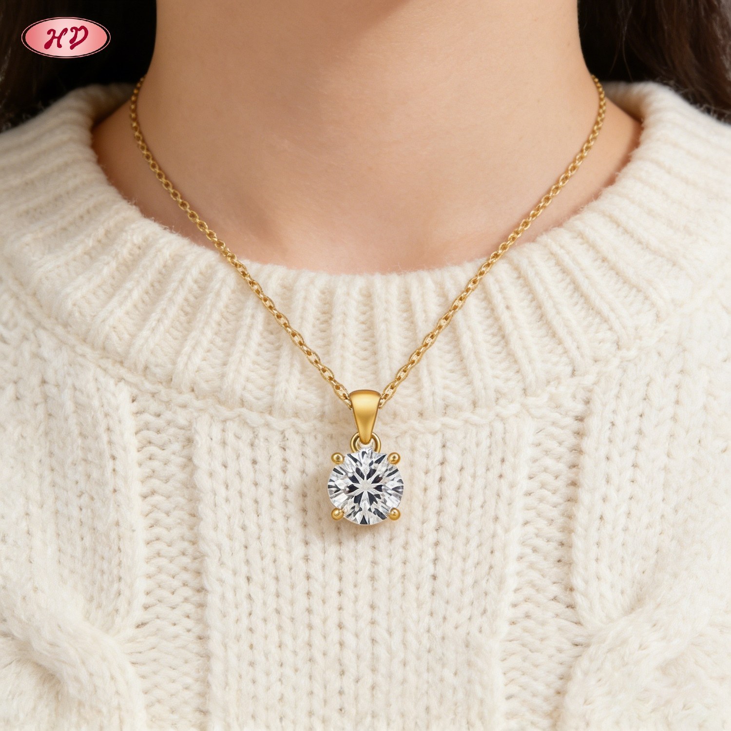 gold plated cubic zirconia pendant necklace on display