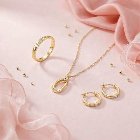 18K gold plated jewelry set on a blush pink backdrop