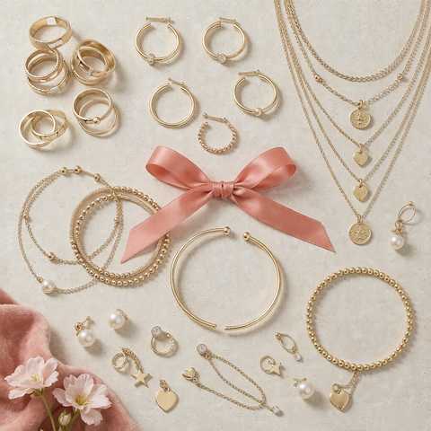 Flat-lay collection of trendy gold plated jewelry pieces