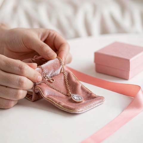 Hands placing an 18K gold plated cubic zirconia pendant necklace into a blush gift pouch with coral ribbon