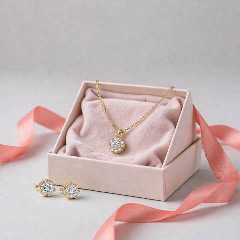 An open blush gift box holding an 18K gold plated CZ necklace and earring set with coral ribbon
