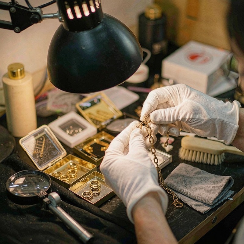 Quality-control technician inspecting a gold-plated chain necklace with a jeweller's loupe at a workshop bench