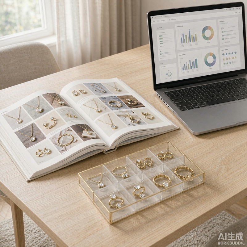 Mesa de trabajo de comprador mayorista con muestras de joyería 18K