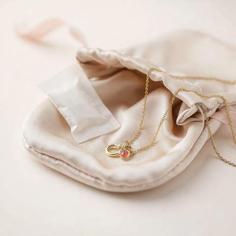 Gold plated chain stored with a drying sachet inside a soft pouch