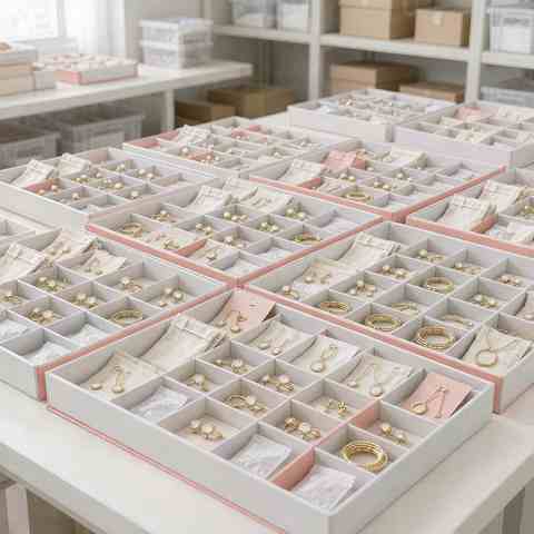 Organised gold plated CZ jewelry trays in a bright, dry wholesale stockroom