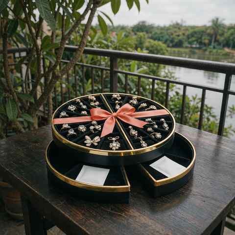 Jewelry display tray with gold plated CZ pieces stored with dry packets on a tropical balcony