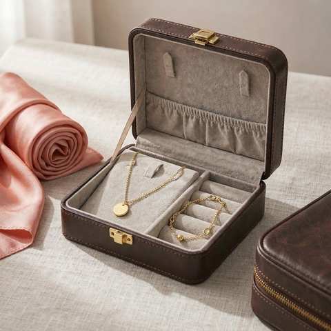 Travel jewelry case with gold plated necklace and bracelet