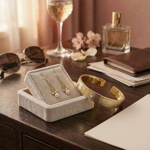 Gold plated earrings and cuff bracelet styled for a trip