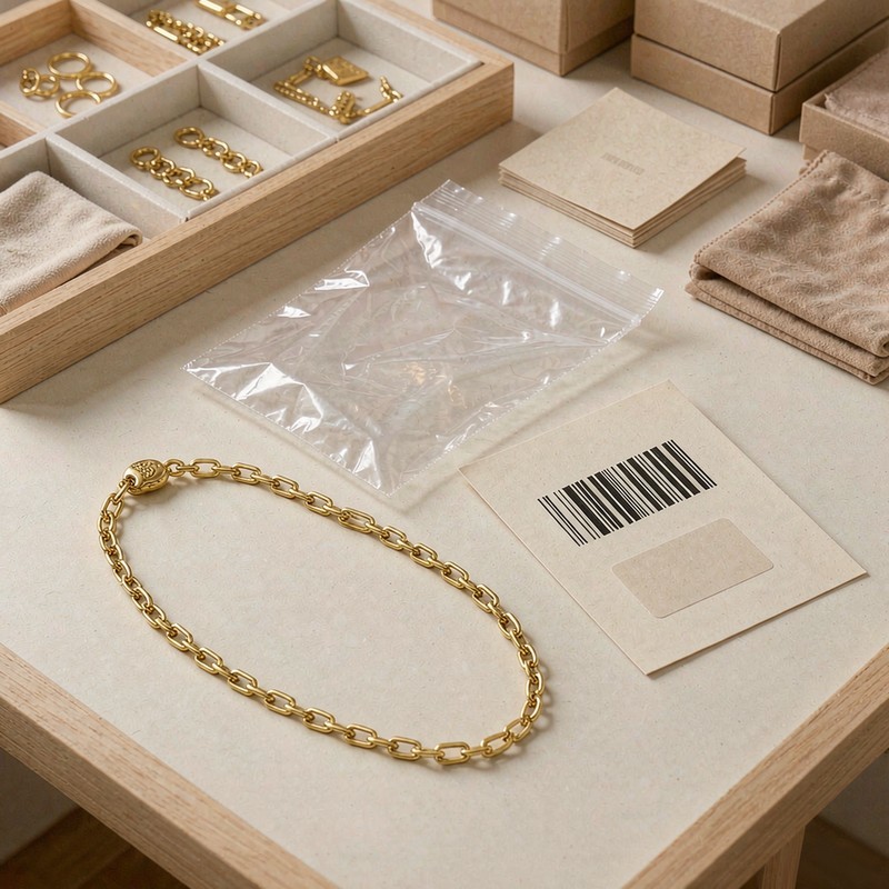 Estación de empaque y control de calidad con collar chapado en oro 18K, bolsa sellada y tarjeta de aprobación