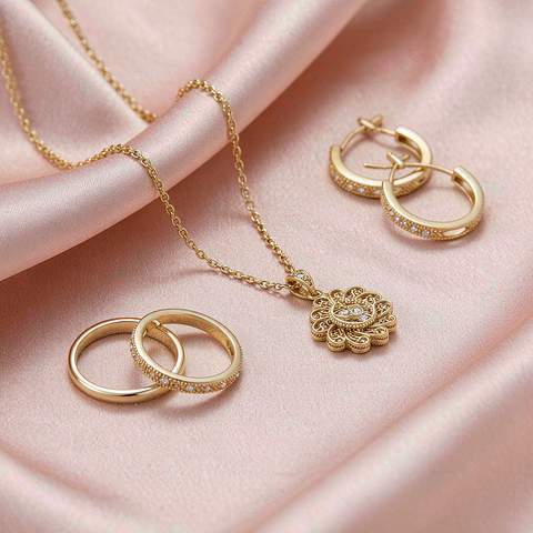Flat-lay of 18K gold plated rings, a pendant necklace and hoop earrings on a blush pink silk surface