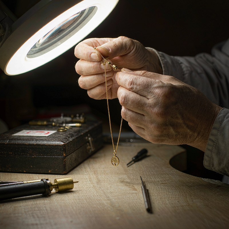 Jewelry artisan inspecting a gold plated chain necklace under a magnifying lamp at a workbench