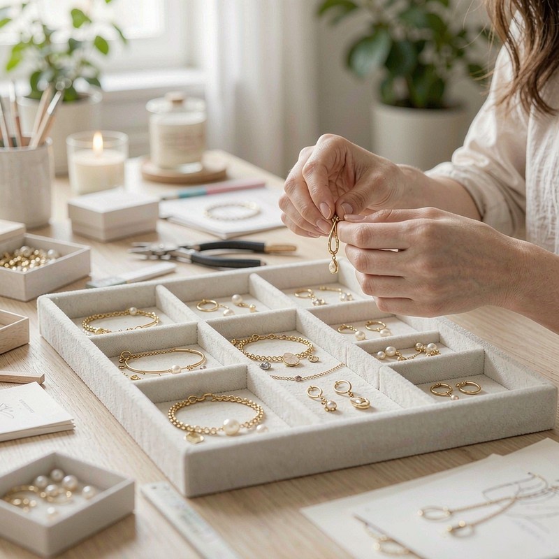 Diseñadora organizando las novedades de pulseras y aretes chapados en oro 18k en una bandeja de exhibición
