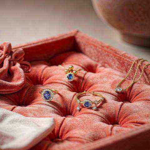 Gold plated jewelry arranged on a coral velvet tray beside a polishing cloth