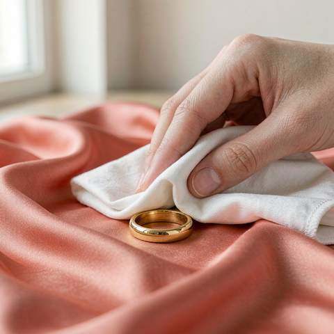 A hand gently wiping a gold plated ring with a soft white cloth