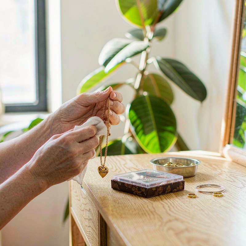 Hands polishing a gold-plated heart necklace with a microfiber cloth at a bright wooden vanity table