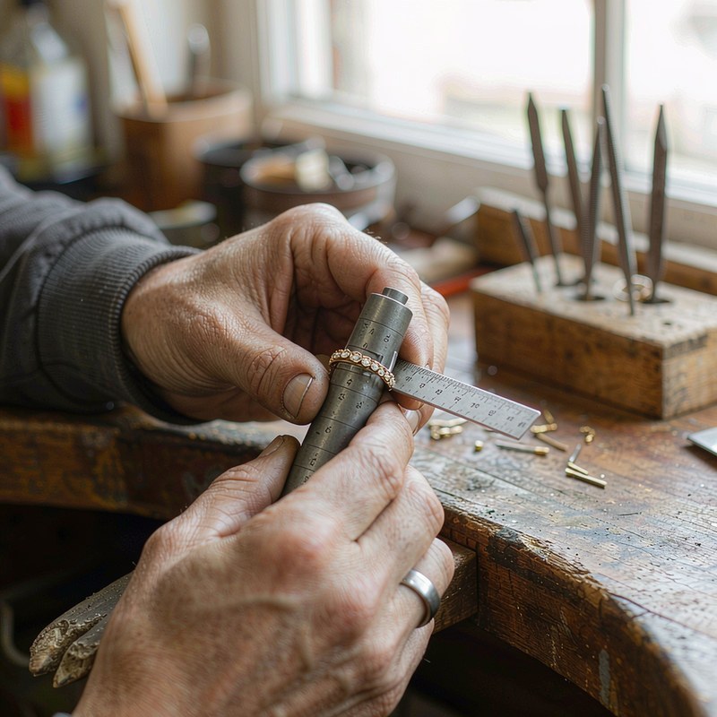 Artesano midiendo un anillo en mandril de acero en taller