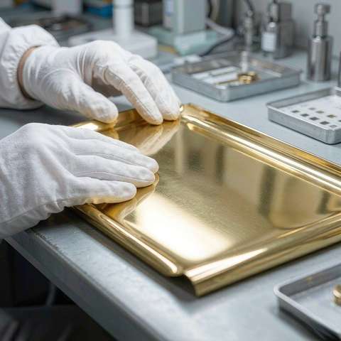 Quality control inspection of gold plated jewelry surfaces in a workshop