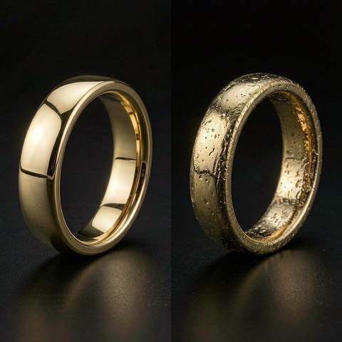 Comparison of a smoothly polished gold plated ring and one with a rough defective finish