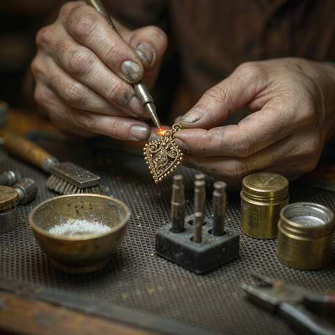 Jewelry artisan polishing a gold plated pendant at a professional workbench