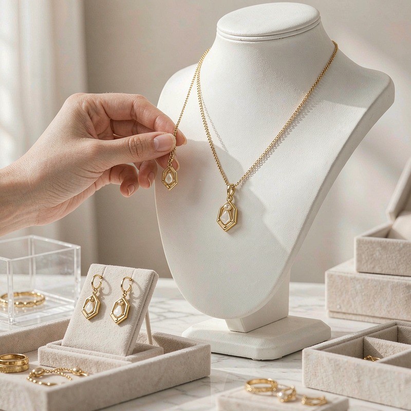 Estilista de joyería armando un conjunto coordinado sobre busto de exhibición