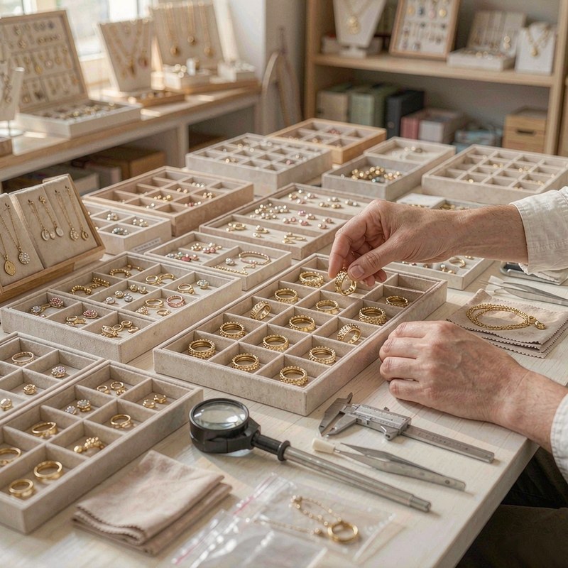Wholesale jewelry workshop table with trays of gold plated samples and measuring tools